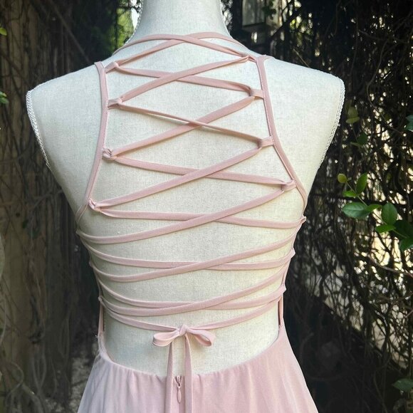 Lulus Bridesmaids Dress Maxi Open Back Lace up Blush Pink Peach Small - Picture 5 of 10